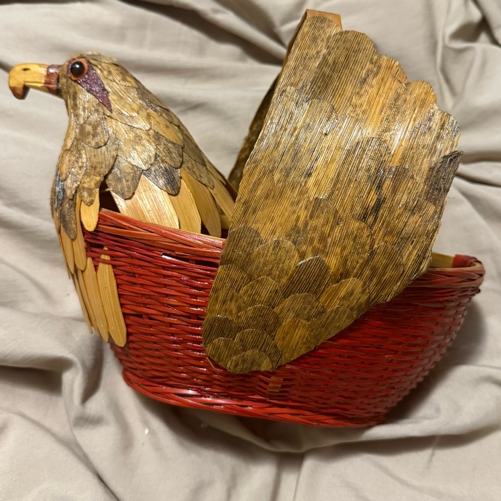 Vintage Folks Eagle Wicker Basket Ratten Wooden Bird Wing and Handle Storage